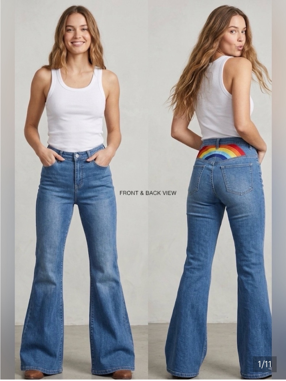 Altar'd State Medium Blue High-Rise Flare Jeans with Rainbow Back Detail